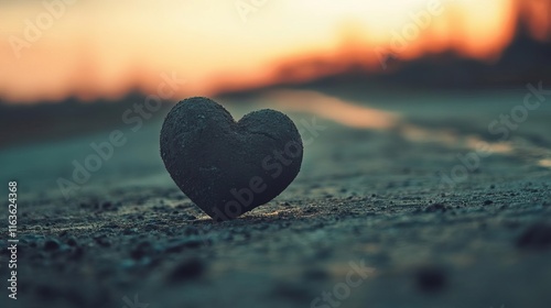 A red heart lies abandoned on a dirt ground. Symbolizing loneliness, disappointment in love and not being loved in return.