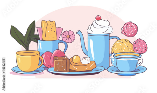 Minimalist Tea Time with Sweets Vector Illustration for Cozy Living Concepts