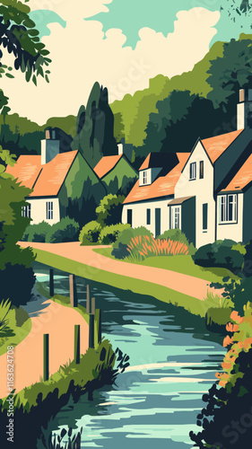 Minimalist Vector Art of Bibury Village England with River and Cottages Landscape Poster