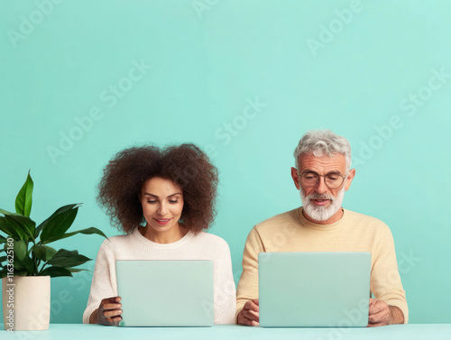 Two people, younger woman and older man, working on laptops together against turquoise background