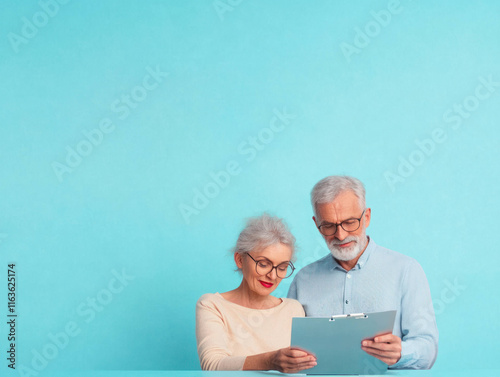 Senior couple reviewing documents together against bright blue background