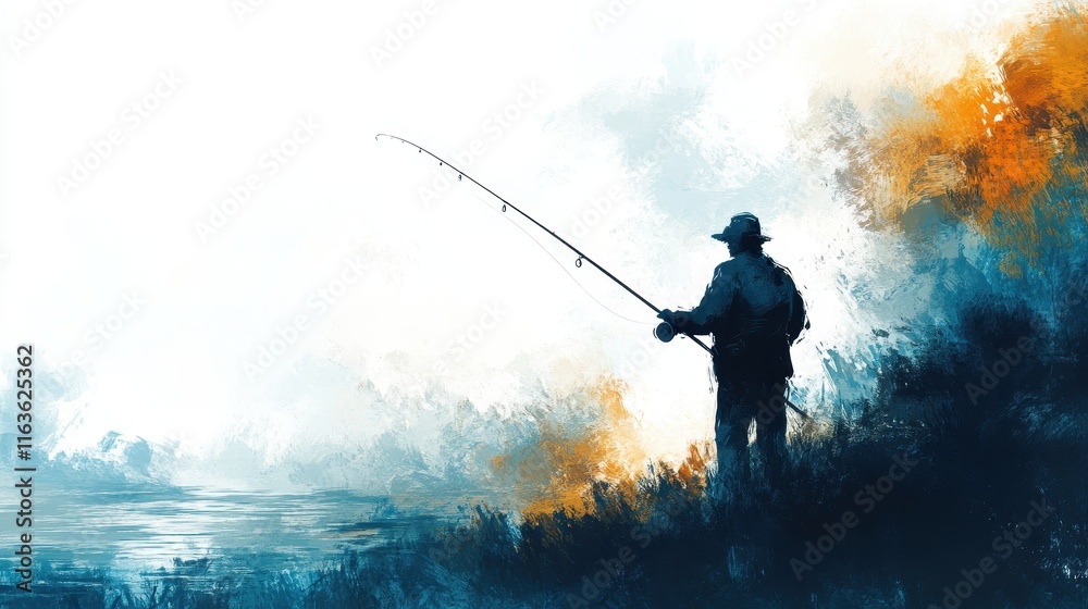 Serene Impressionist Fishing Scene in Bold Style Serene Impressionist Fishing Scene in Bold Style
