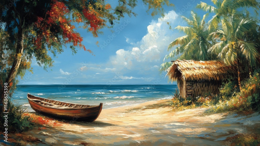 Tropical Beach Scene with Wooden Boat and Hut