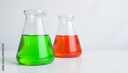 Laboratory glassware with colored liquids in a chemistry theme, copy space, Chemistry theme photo