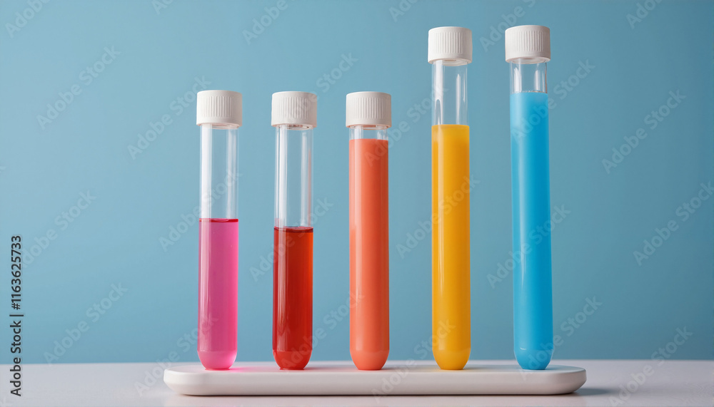 Five test tubes with colorful liquids on a white rack against a blue background, Chemistry theme Five test tubes with colorful liquids on a white rack against a blue background, Chemistry theme
