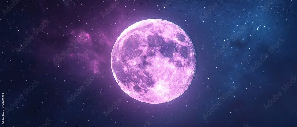 Fototapeta premium Pink full moon in a starry night sky.