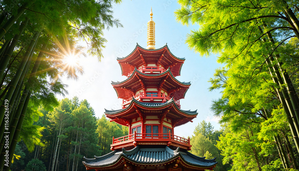 Stunning pagoda surrounded by lush green bamboo forest Stunning pagoda surrounded by lush green bamboo forest