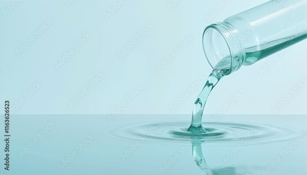 Pouring water from a glass flask creating ripples on a light blue background with copy space, Chemistry theme Pouring water from a glass flask creating ripples on a light blue background with copy space, Chemistry theme