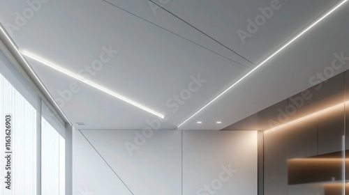 A modern suspended ceiling design featuring a combination of sleek white drywall panels and recessed LED strip lighting along the edges, creating a floating effect. 