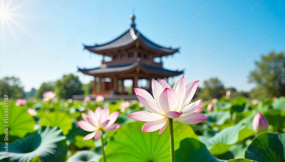 Lotus flower blooming in tranquil pond with pagoda backdrop Lotus flower blooming in tranquil pond with pagoda backdrop