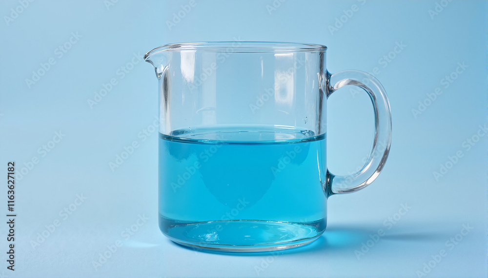 Glass beaker filled with blue liquid on pastel blue background for laboratory purposes, Chemistry theme Glass beaker filled with blue liquid on pastel blue background for laboratory purposes, Chemistry theme