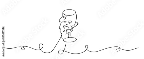 Continuous line art A bottle of wine with a wine glass and a bunch of grapes in a minimalist black linear Sketch drawing style isolated on a white background.