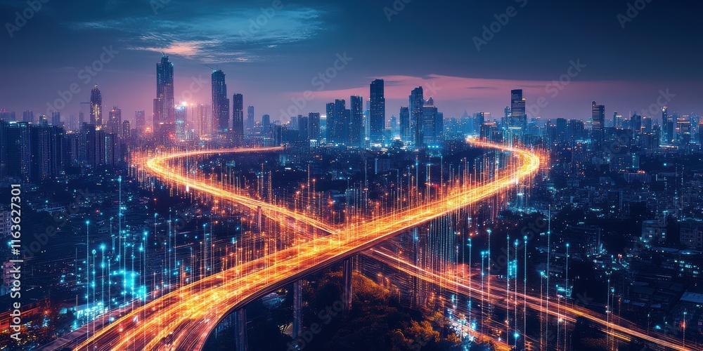 Futuristic digital bridge over urban landscape city nightscape high fidelity aerial view modern technology concept for urban mobility Futuristic digital bridge over urban landscape city nightscape high fidelity aerial view modern technology concept for urban mobility