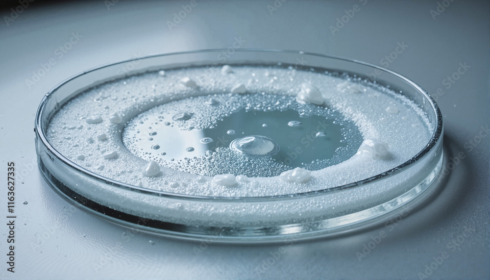 Chemical reaction with bubbles and foam in petri dish on grey background, Chemistry theme Chemical reaction with bubbles and foam in petri dish on grey background, Chemistry theme
