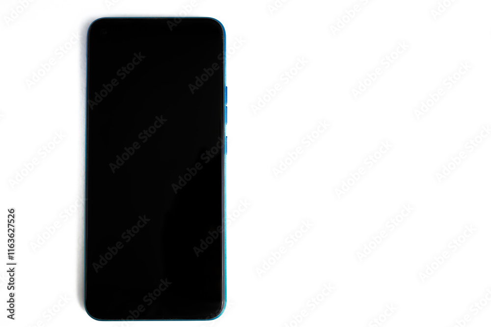 Modern smartphone laid flat on a white background with blank screen Modern smartphone laid flat on a white background with blank screen