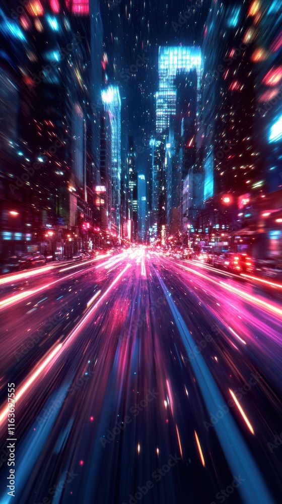Dynamic scifi warp speed effect in urban skyline neon lights digital futuristic cityscape wide-angle viewpoint immersive experience Dynamic scifi warp speed effect in urban skyline neon lights digital futuristic cityscape wide-angle viewpoint immersive experience