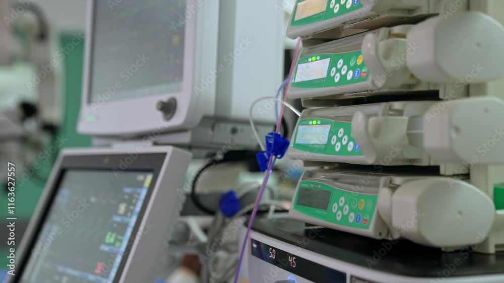 Infusion syringe pumps in the surgery room. Male hand presses on the ...