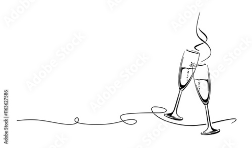 Continuous line art A bottle of wine with a wine glass and a bunch of grapes in a minimalist black linear Sketch drawing style isolated on a white background.