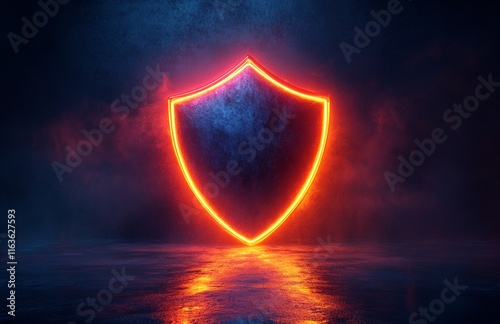 Neon Shield Icon on Dark Blue Background with Glowing Light Effect - Illustrative Style for Security and Protection photo