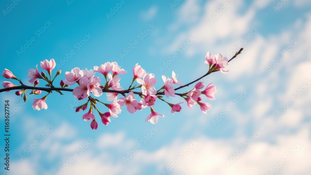 Delicate pink blossoms gracefully extend on a branch against a vibrant blue sky, creating a serene and peaceful springtime scene. Delicate pink blossoms gracefully extend on a branch against a vibrant blue sky, creating a serene and peaceful springtime scene.