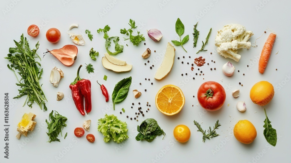 Assorted Fresh Produce Arranged on White Background