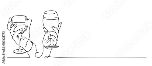 Continuous line art A bottle of wine with a wine glass and a bunch of grapes in a minimalist black linear Sketch drawing style isolated on a white background.