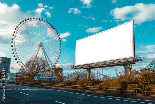 Blank billboard mock up next to a ferris wheel at an amusement park. Mockup, Promotion information for marketing announcements and details