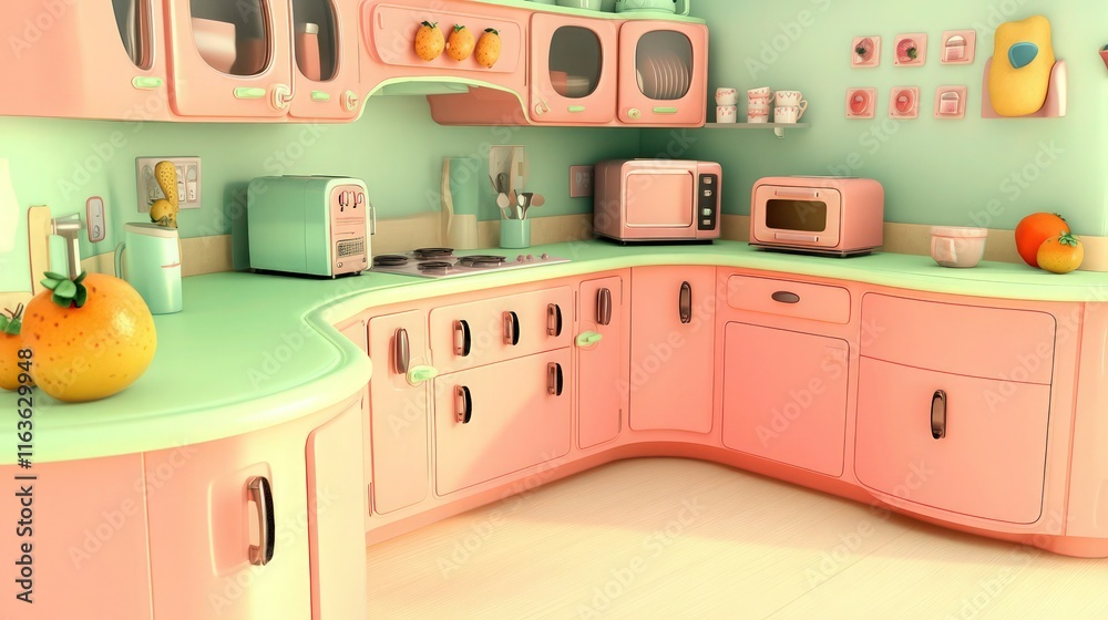 A playful animation-style kitchen interior in a mix of pastel pink and mint green tones. The cabinets have rounded edges, with cartoonist large handles and a retro-style fridge. A playful animation-style kitchen interior in a mix of pastel pink and mint green tones. The cabinets have rounded edges, with cartoonist large handles and a retro-style fridge.