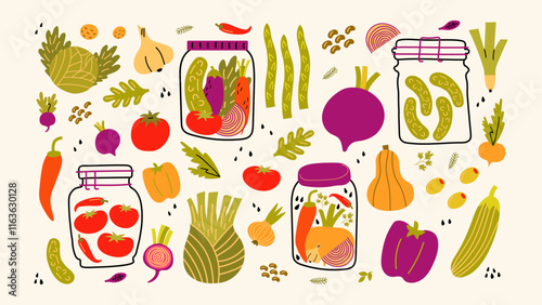 Set canned pickled vegetables in jars. Homemade pickles, harvesting for the winter. Set of vegetables and spices in containers. Cartoon products, set of stickers