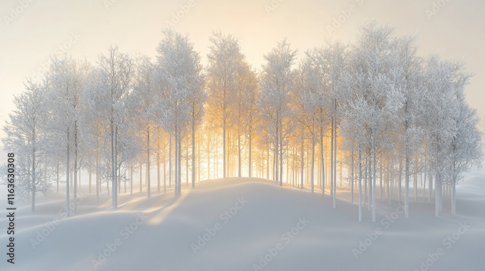 Naklejka premium Winter wonderland scene with snow-covered trees and soft sunlight filtering through.