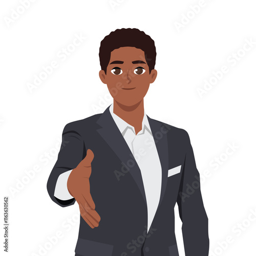 Businessman asking for a handshake hand. Flat vector character illustration