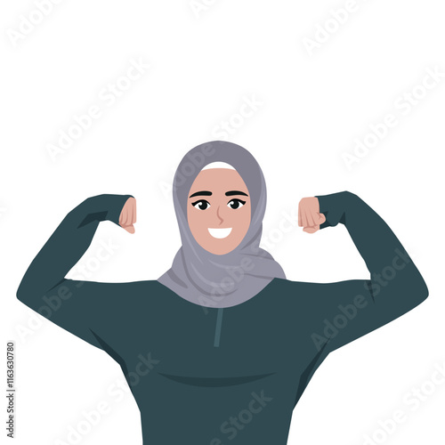 Powerful strong muslim woman raises arms and shows biceps. Flat vector character illustration