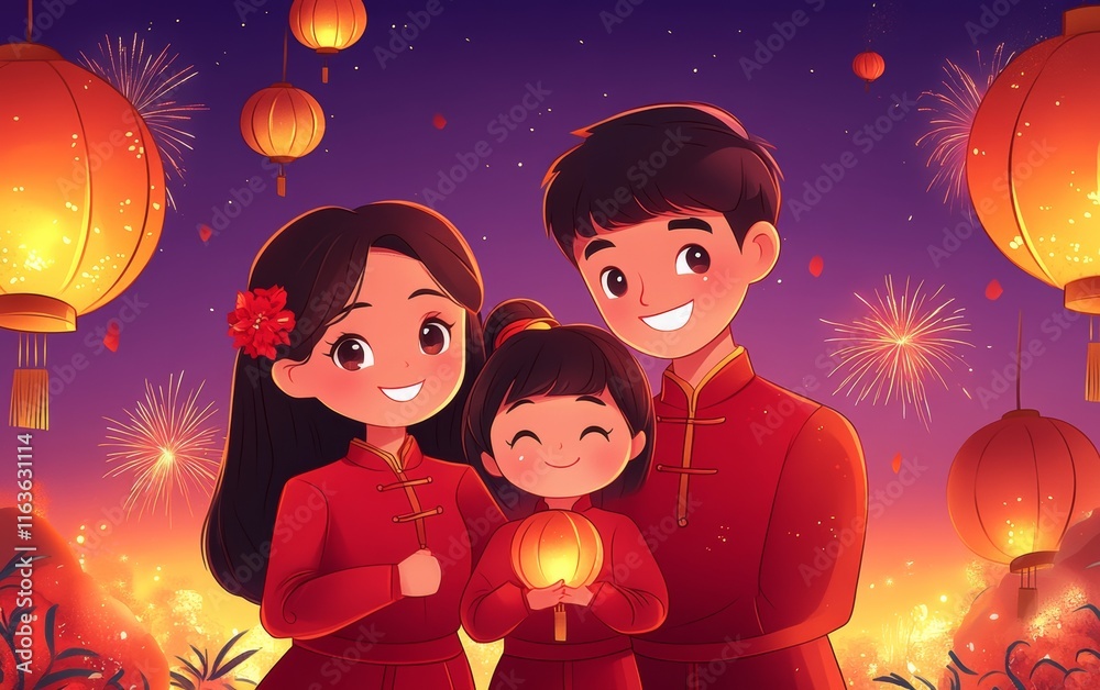 Happy Family of Three in Red Sweaters with Lanterns and Fireworks Happy Family of Three in Red Sweaters with Lanterns and Fireworks