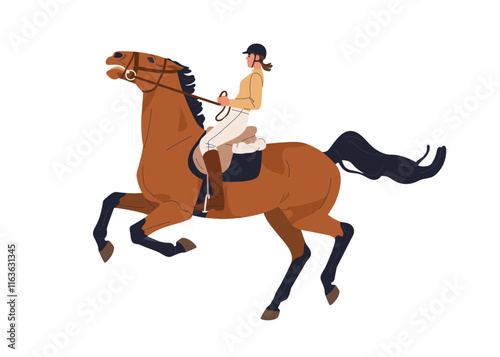 Disobedient horse, bolting and rearing during riding. Bad equine behavior, disobedience and equestrian problem. Holding unruly stallion. Flat vector illustration isolated on white background