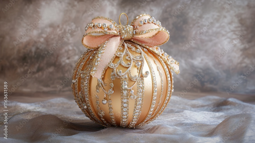 Naklejka premium Elegant gold Christmas bauble with peach bow.