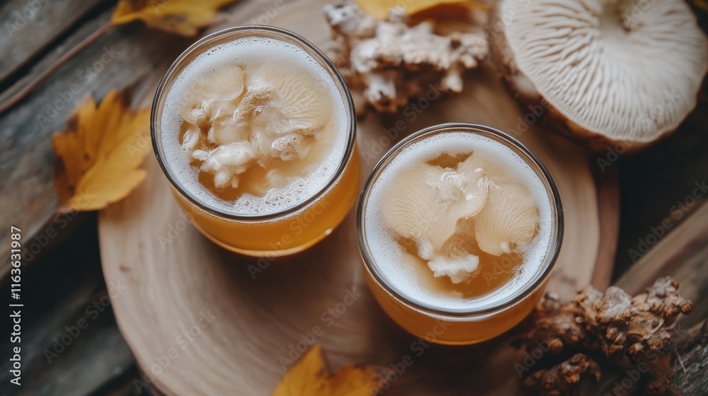 Autumnal Mushroom Elixir: Two Glasses of Golden Mushroom Brew, Autumn Leaves, and Dried Mushrooms Autumnal Mushroom Elixir: Two Glasses of Golden Mushroom Brew, Autumn Leaves, and Dried Mushrooms
