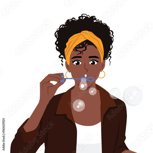 Woman blows soap bubbles enjoying presence free time. Flat vector character illustration