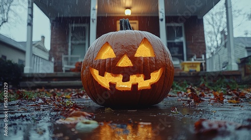 Close-up image of a Halloween jack-o'-lantern placed on a house's doorstep to mark Ringing Day photo