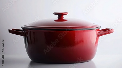 A red enameled cast iron covered Dutch oven with a smooth round shape and sturdy handles, showcased on a white background with subtle light reflections emphasizing its polished enamel coating.
