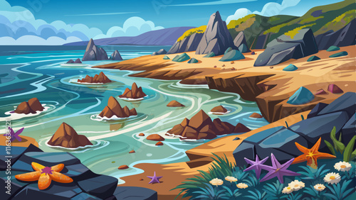 A rocky shoreline with tide pools filled with starfish and sea anemones, the waves gently lapping at the edge of the rocks