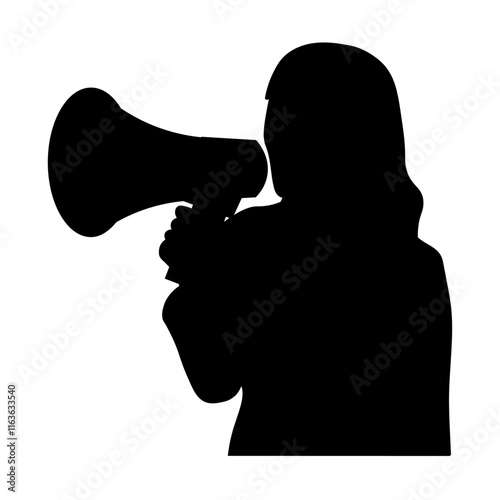 メガホンを使う女性のシルエットイラスト