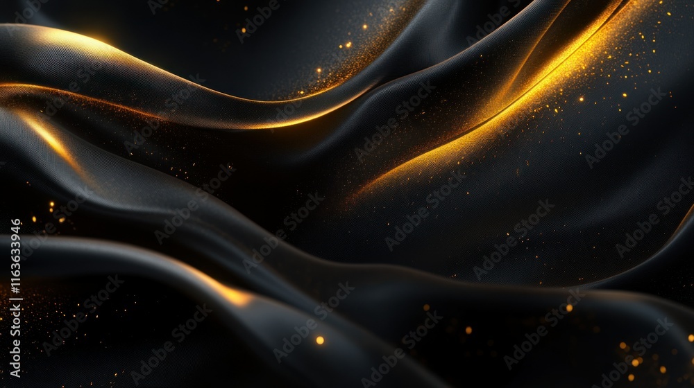 A smooth golden curve forming abstract waves across a satin black background, glowing softly with warm and festive light A smooth golden curve forming abstract waves across a satin black background, glowing softly with warm and festive light