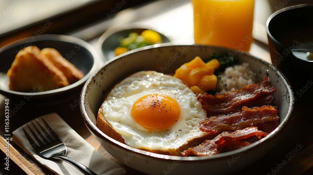 A classic egg breakfast with sunny-side-up eggs, crispy bacon, buttery toast, and fresh orange juice, served on a white ceramic dish. Soft morning light enhances the rich yolks and golden bacon. A classic egg breakfast with sunny-side-up eggs, crispy bacon, buttery toast, and fresh orange juice, served on a white ceramic dish. Soft morning light enhances the rich yolks and golden bacon.
