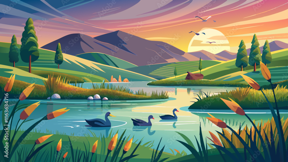 Φωτογραφία A serene lake nestled among rolling hills, a family of ducks gliding across the