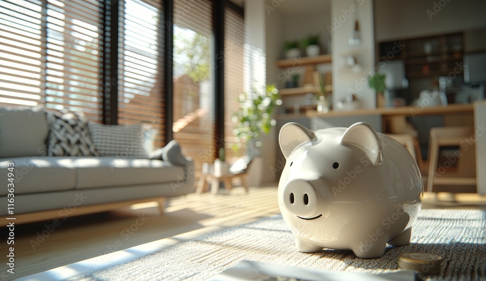 Modern Living Room with Piggy Bank, ideal for savings and finance concepts Modern Living Room with Piggy Bank, ideal for savings and finance concepts