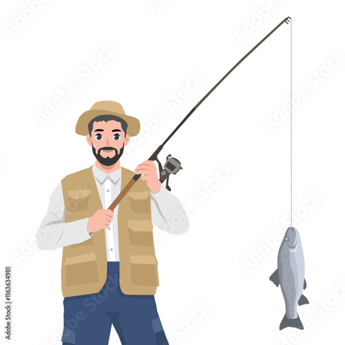 Fisherman catching fish on rod. Flat vector character illustration