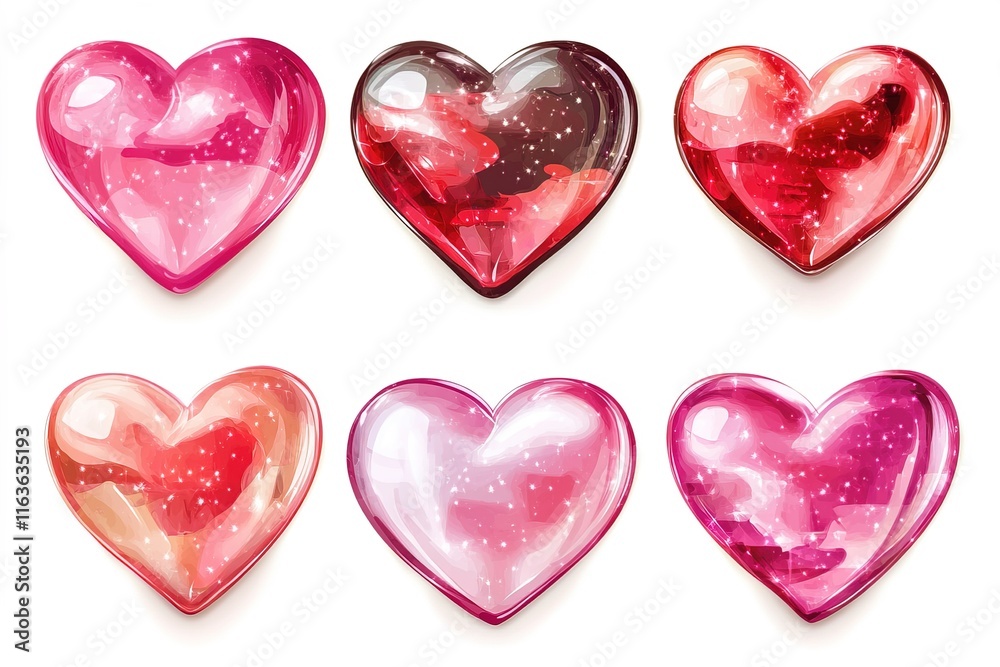 set of six beautiful glamour red and pink shimmering hearts isolated on white background, valentines day design element set of six beautiful glamour red and pink shimmering hearts isolated on white background, valentines day design element