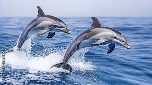 Two dolphins leaping out of the water. photo