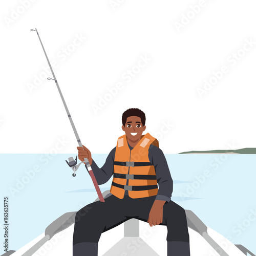 Young Man sitting on boat for fishing in the middle of swamp. Flat vector character illustration