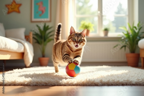 Playful American Bobtail kitten batting a colorful ball indoors cute pet action photography